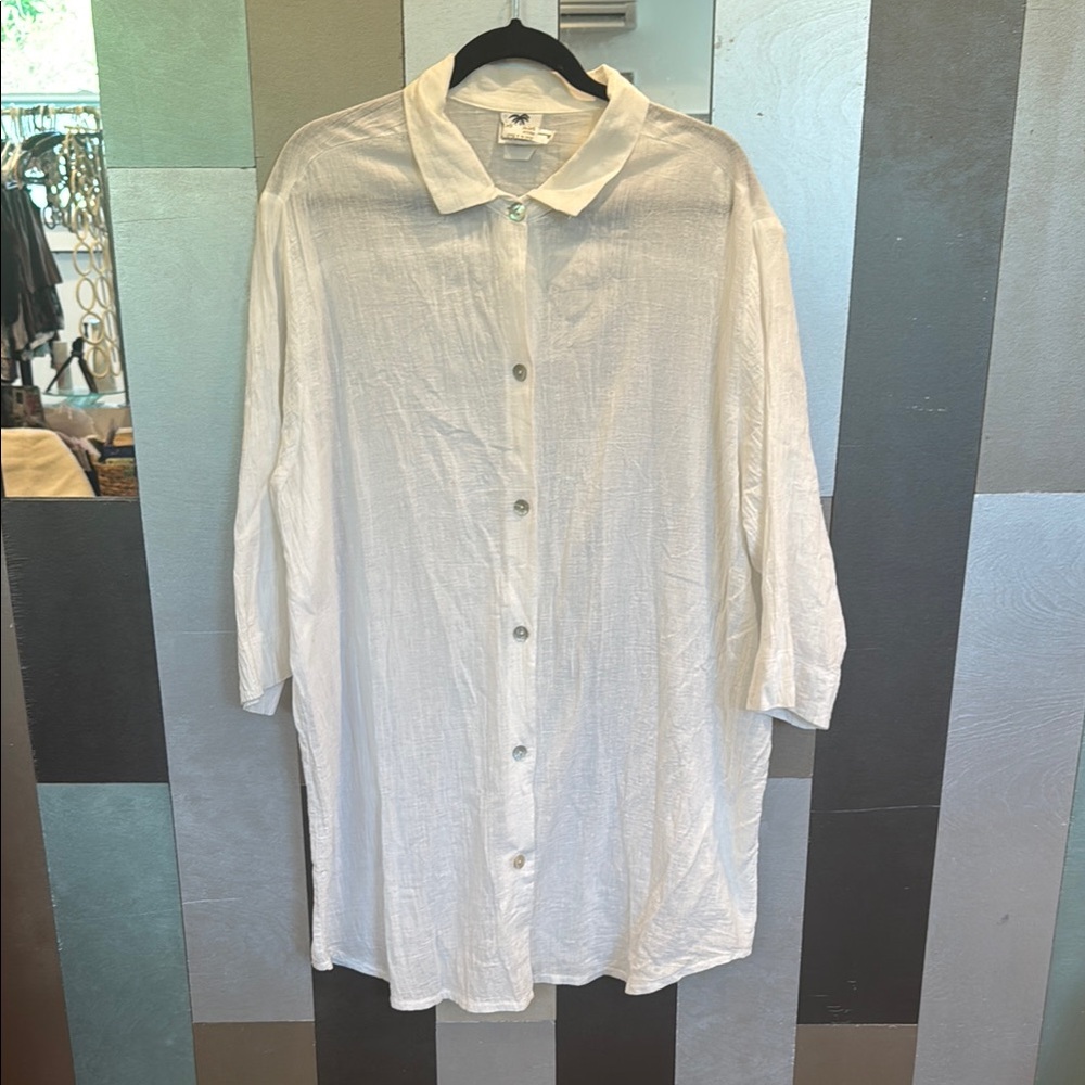 Islander White Casual Linen Dress, Button Up with 3/4 Sleeves